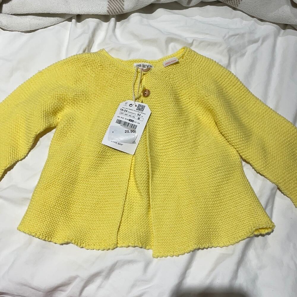 Zara 18-24m lemon yellow cotton knit cardigan 2 button swing style sweater NWT